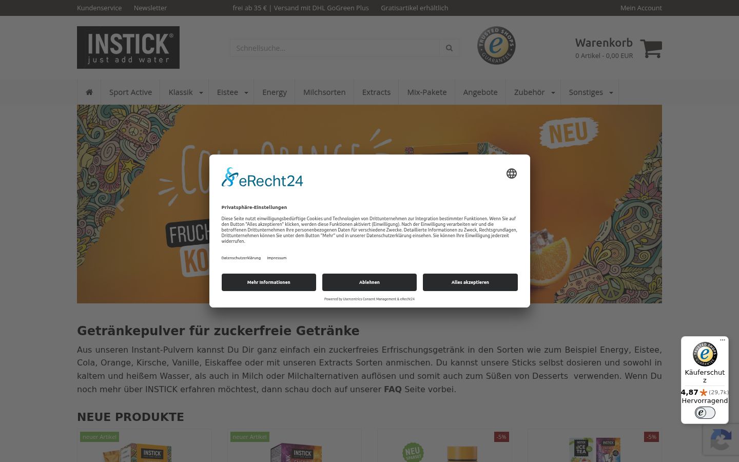 Screenshot des Einwilligungsbanners vor jeglicher Interaktion