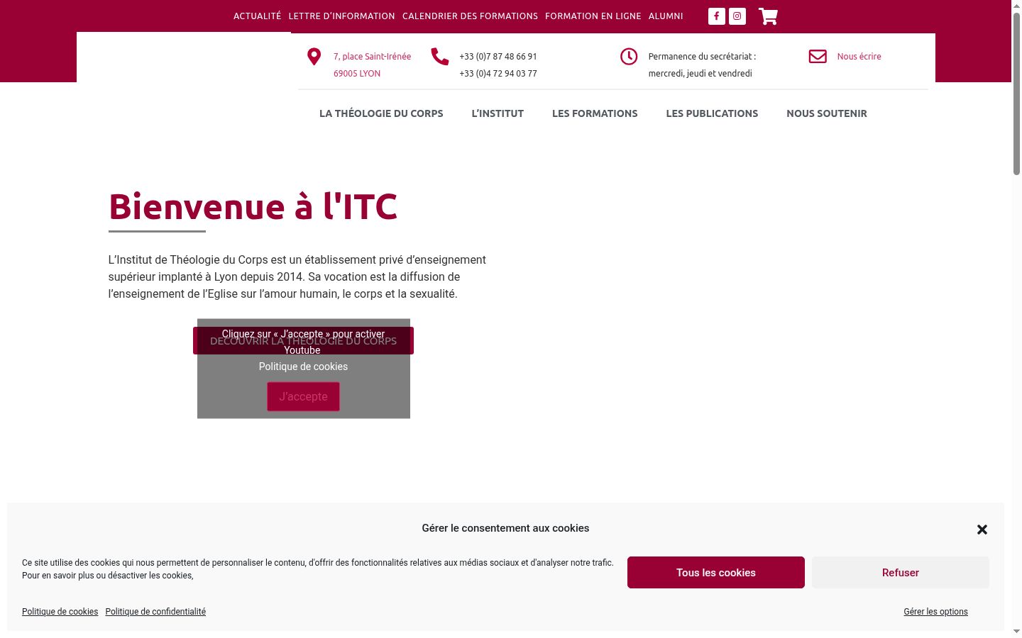 Capture d'écran de la bannière de consentement affichée avant toute interaction