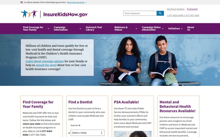 Skjámynd af insurekidsnow.gov