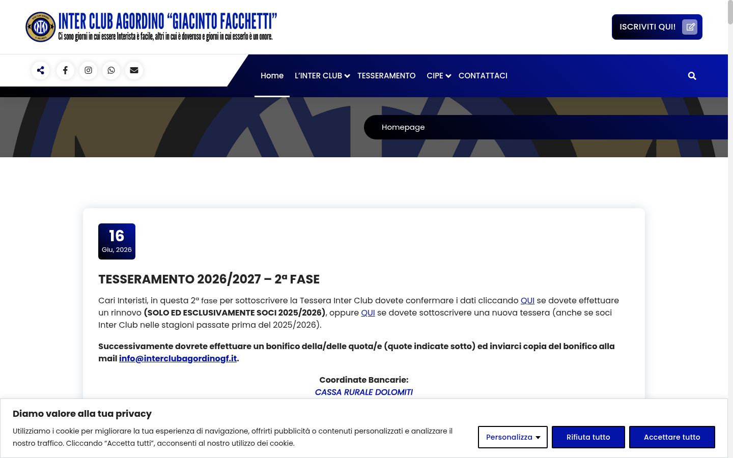 Screenshot del banner di consenso mostrato prima di qualsiasi interazione