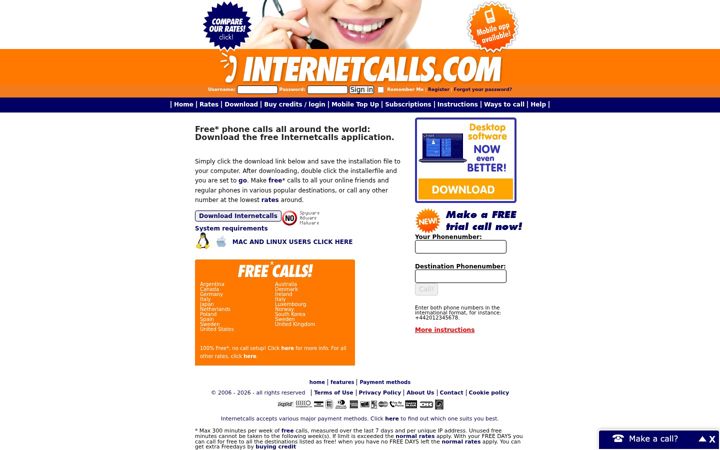 Screenshot ta' internetcalls.com