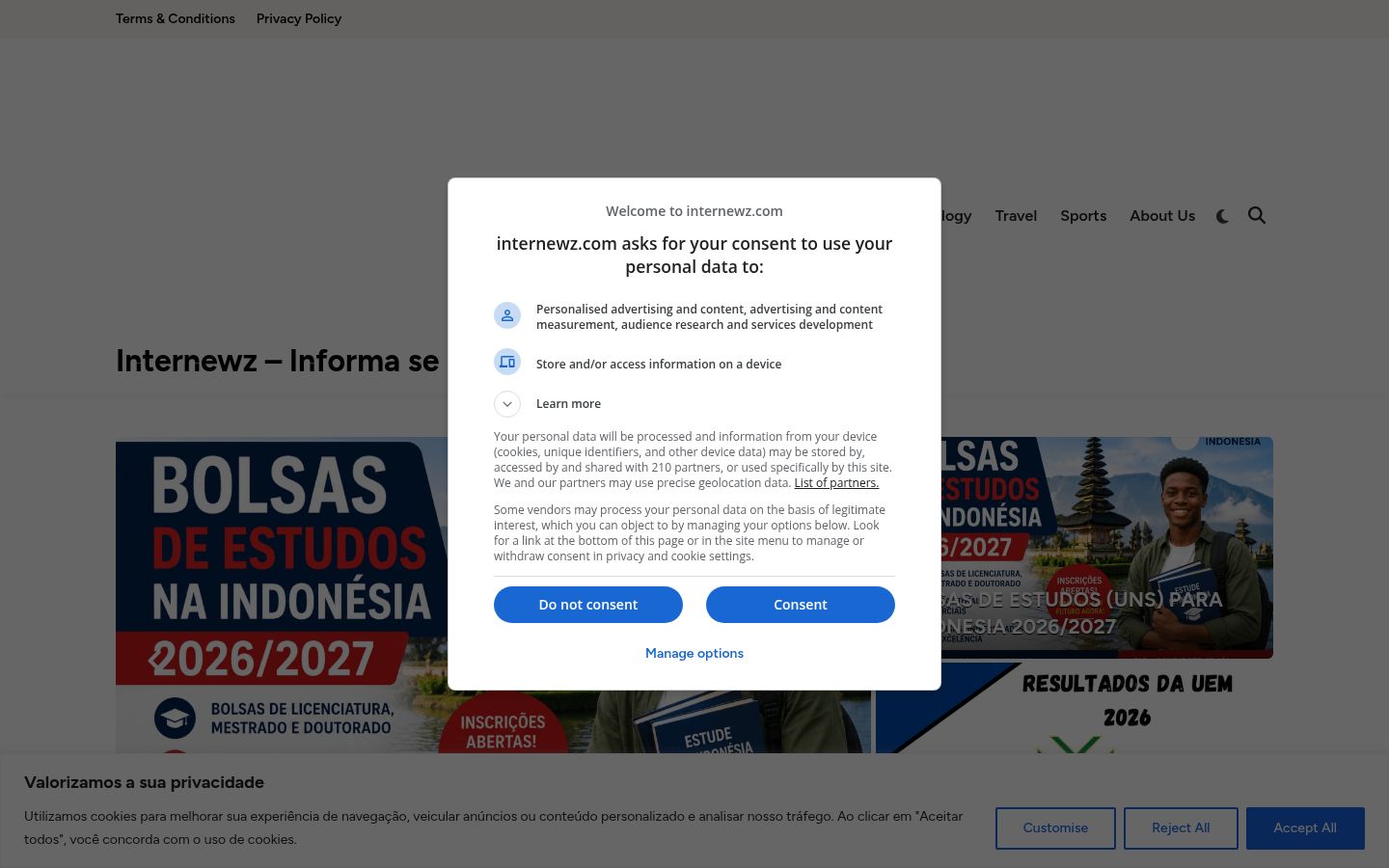 Screenshot του banner συγκατάθεσης που εμφανίστηκε πριν από οποιαδήποτε αλληλεπίδραση