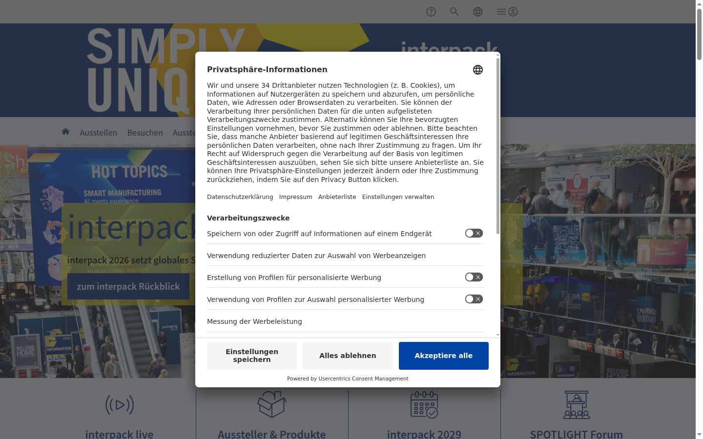 Screenshot des Einwilligungsbanners vor jeglicher Interaktion