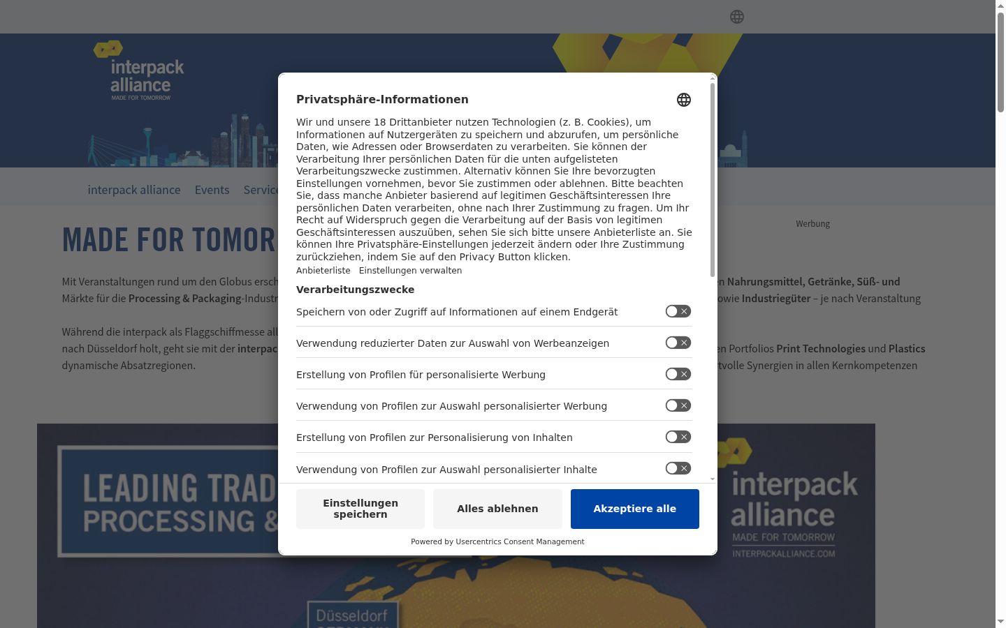 Screenshot des Einwilligungsbanners vor jeglicher Interaktion