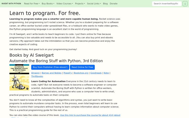 Kuvakaappaus sivustosta inventwithpython.com