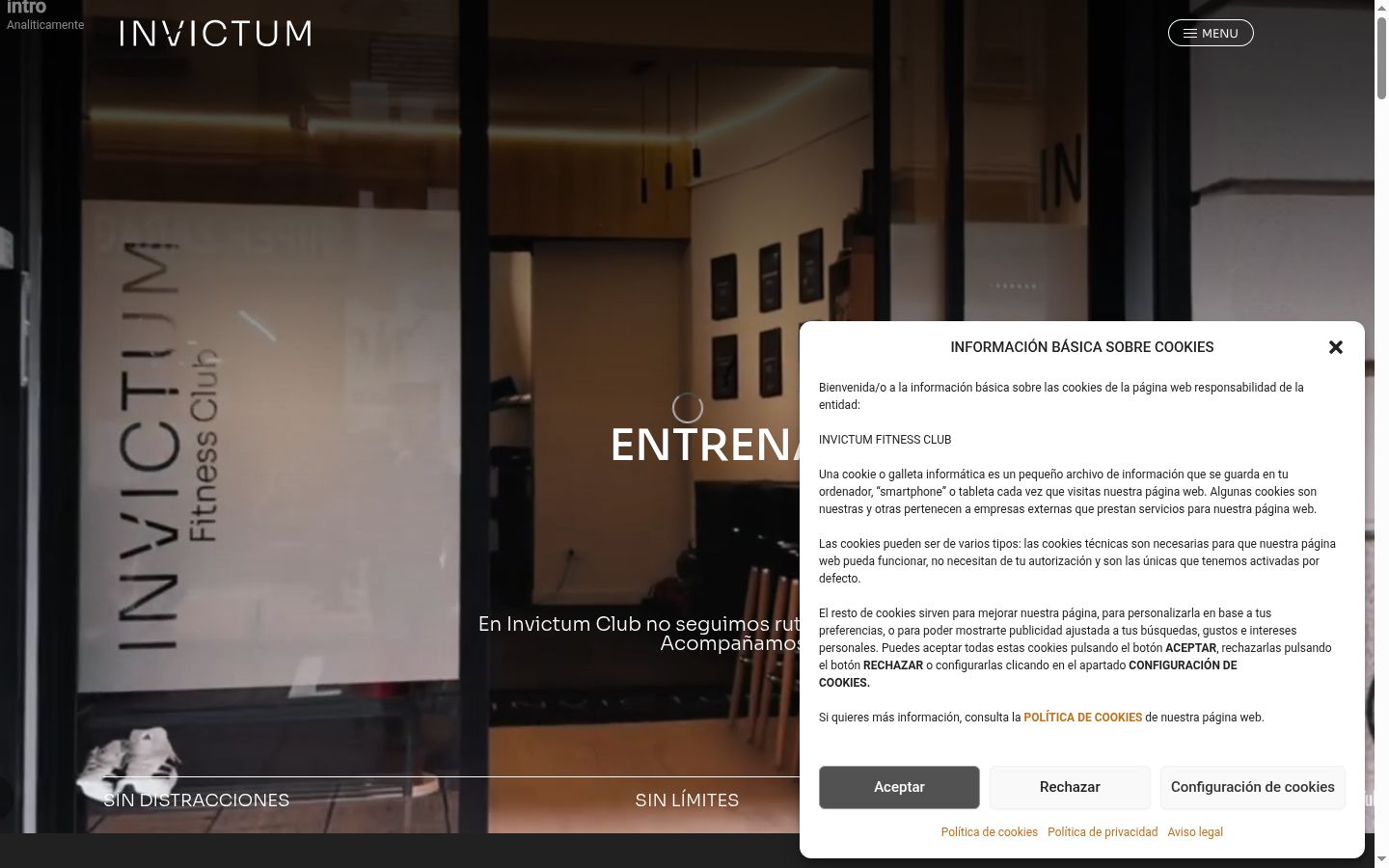 Captura de pantalla del banner de consentimiento mostrado antes de cualquier interacción