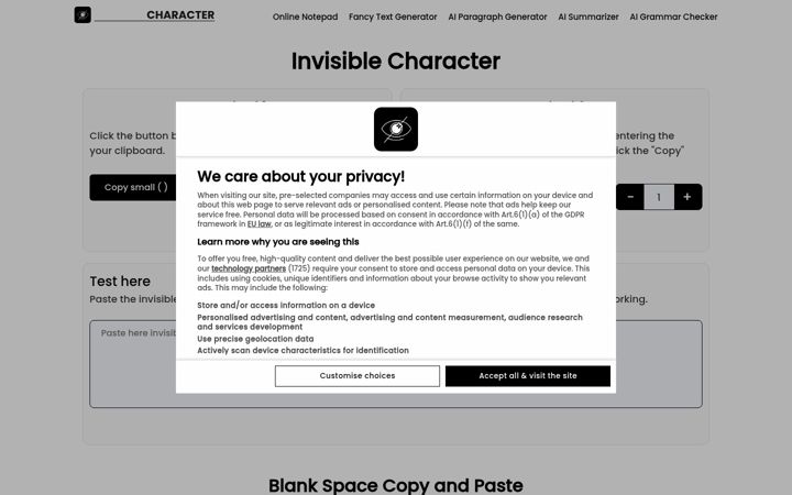 Screenshot of invisible-character.net