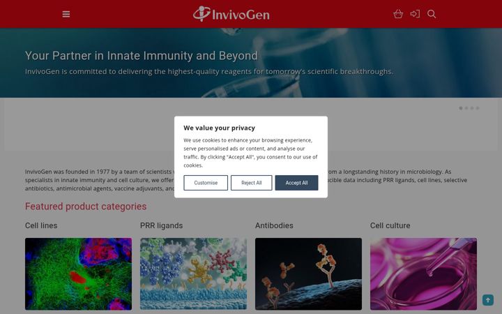 Screenshot of invivogen.com