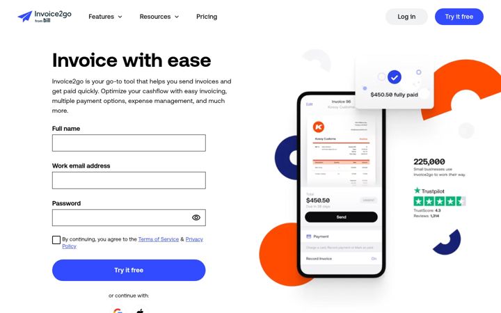 Screenshot of invoice2go.com