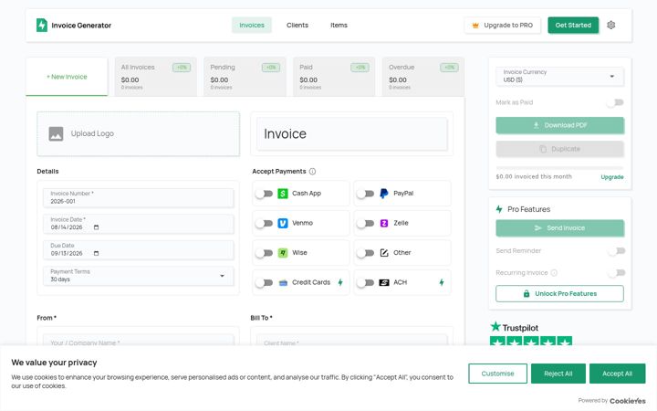 Screenshot of invoicegenerator.com