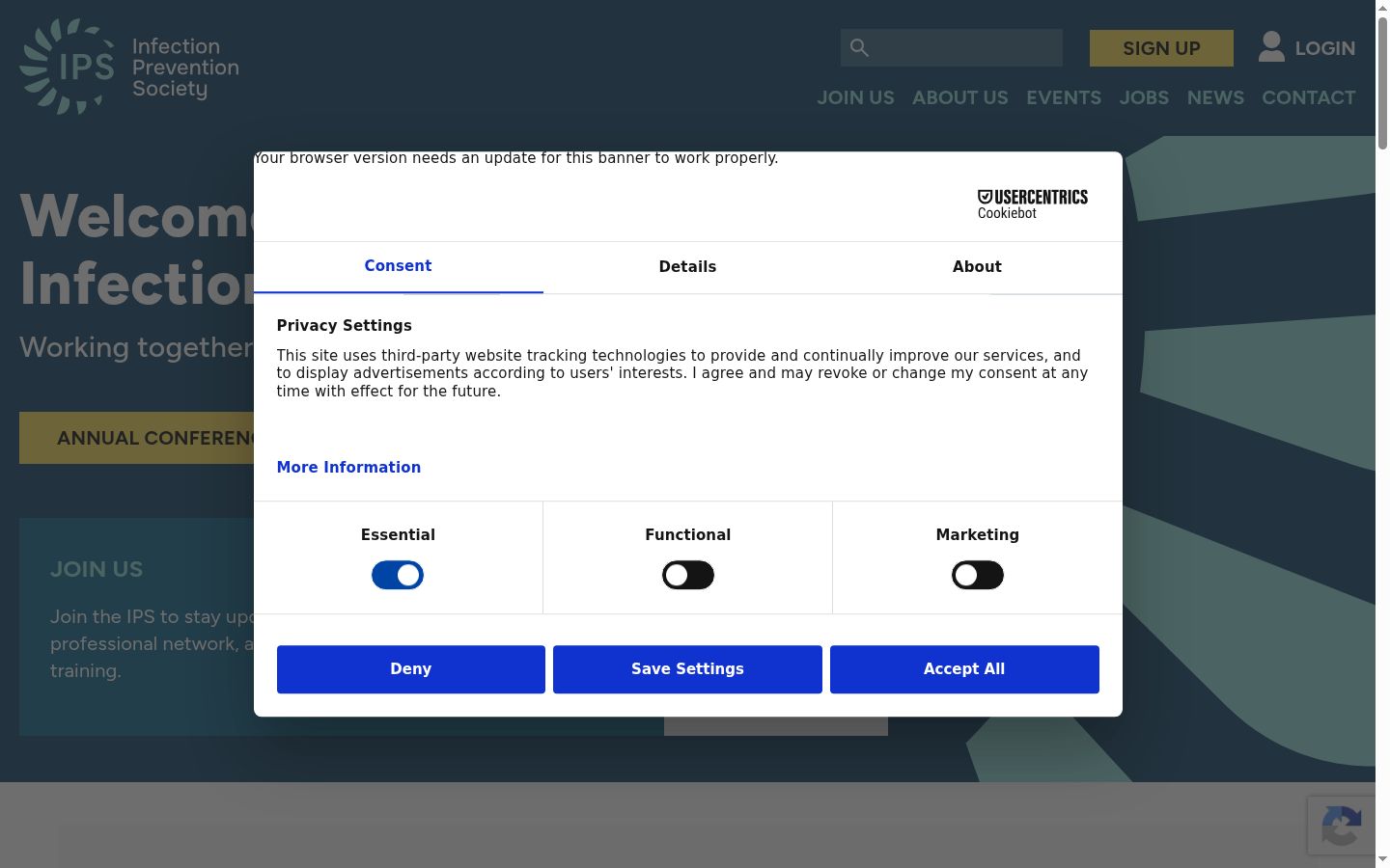 Screenshot del banner di consenso mostrato prima di qualsiasi interazione