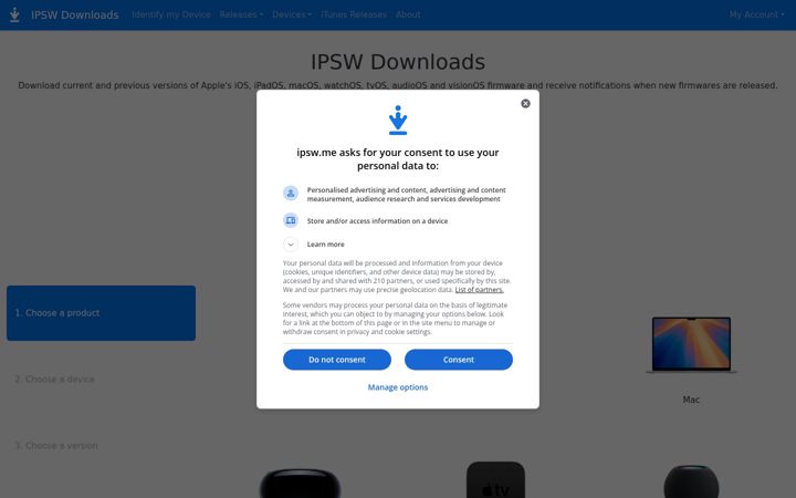 Ekrānuzņēmums no ipsw.me