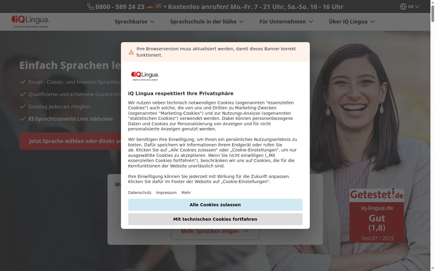 Screenshot van de toestemmingsbanner zoals getoond vóór enige interactie