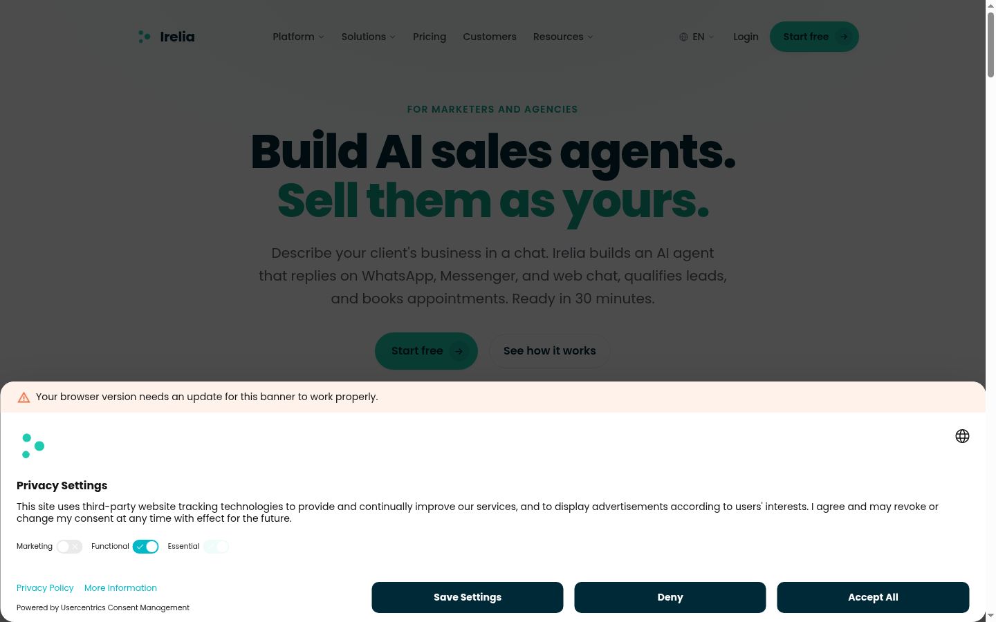 Screenshot del banner di consenso mostrato prima di qualsiasi interazione