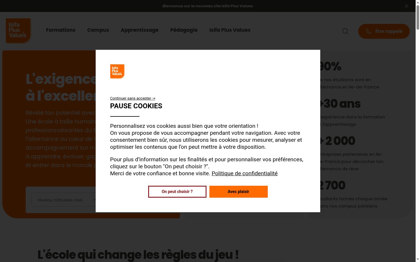 Capture d'écran de la bannière de consentement affichée avant toute interaction