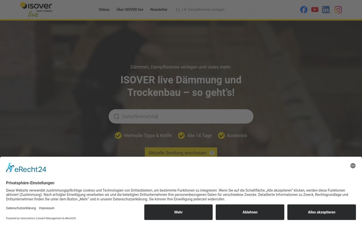Screenshot des Einwilligungsbanners vor jeglicher Interaktion