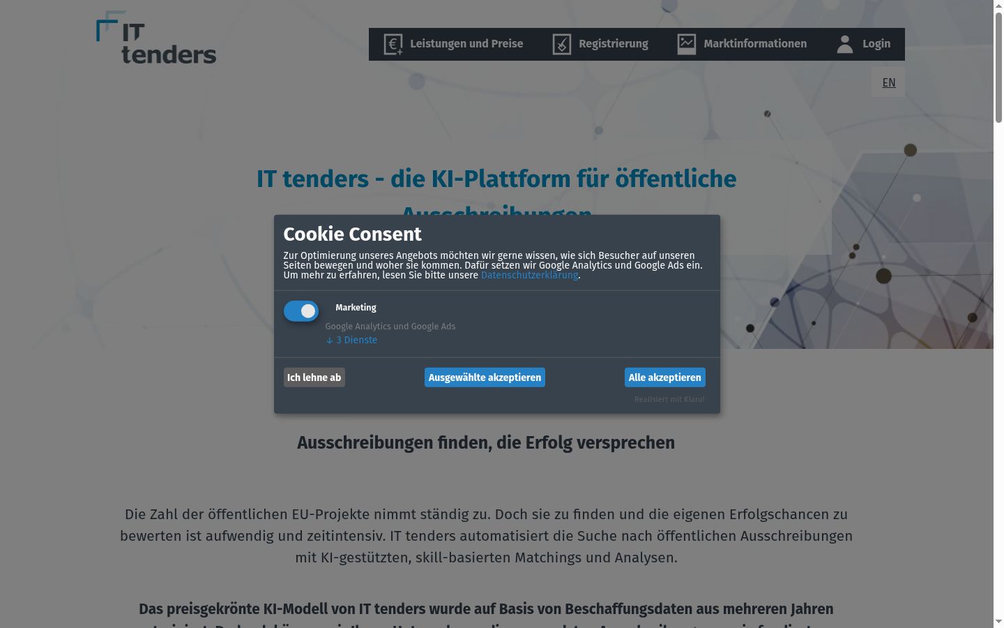 Captura de pantalla del banner de consentimiento mostrado antes de cualquier interacción