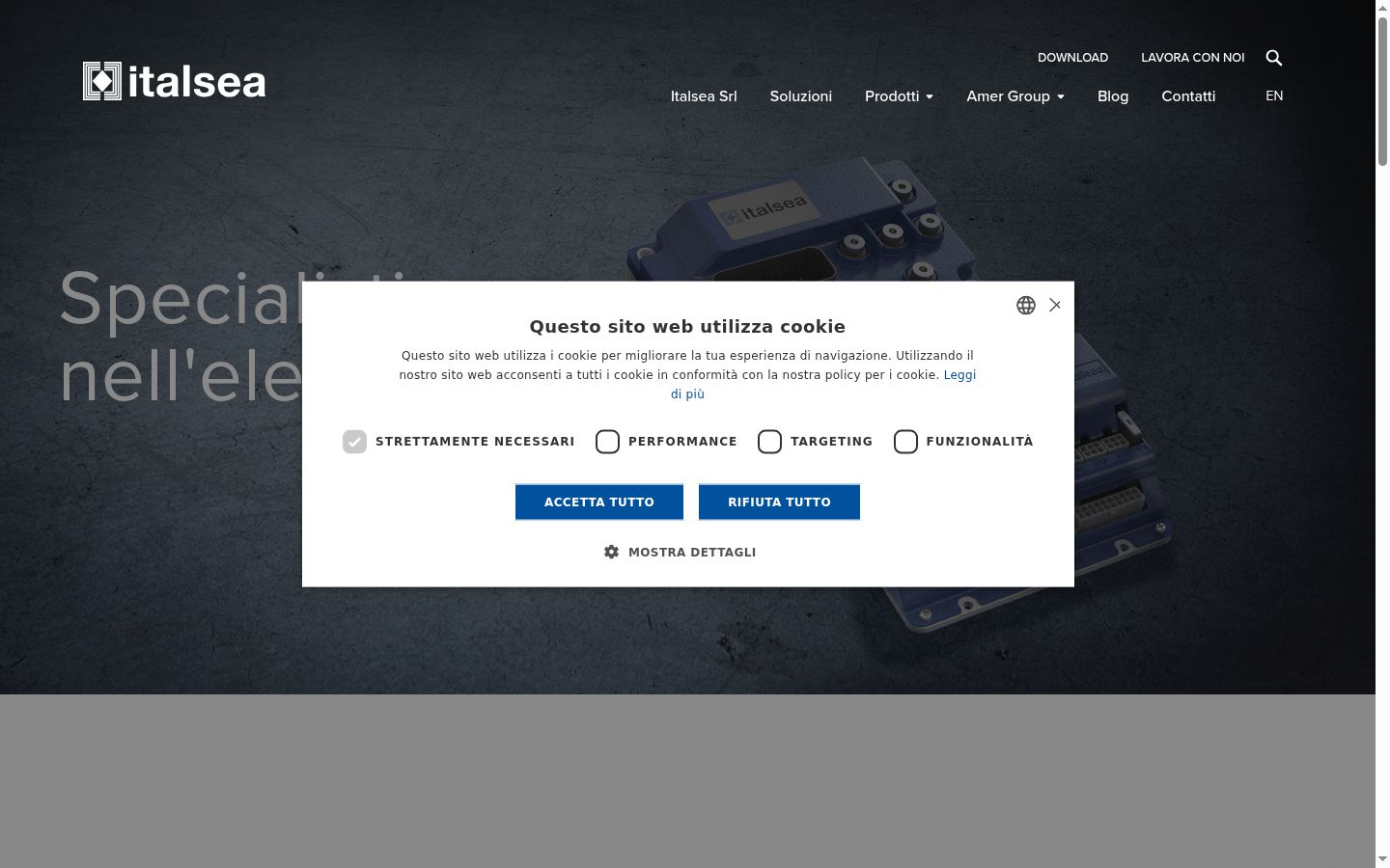 Screenshot del banner di consenso mostrato prima di qualsiasi interazione