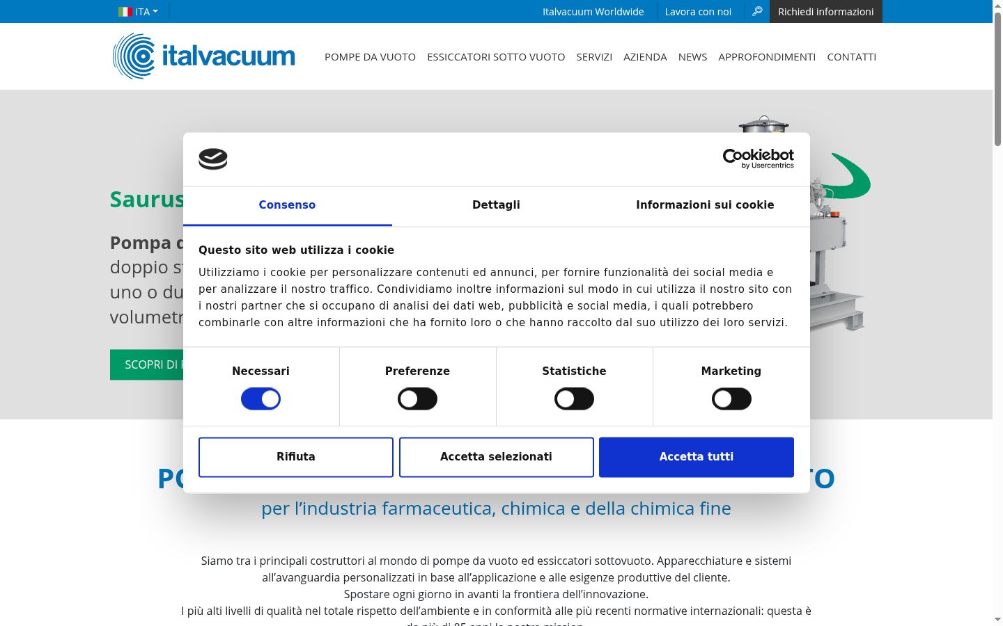 Screenshot del banner di consenso mostrato prima di qualsiasi interazione
