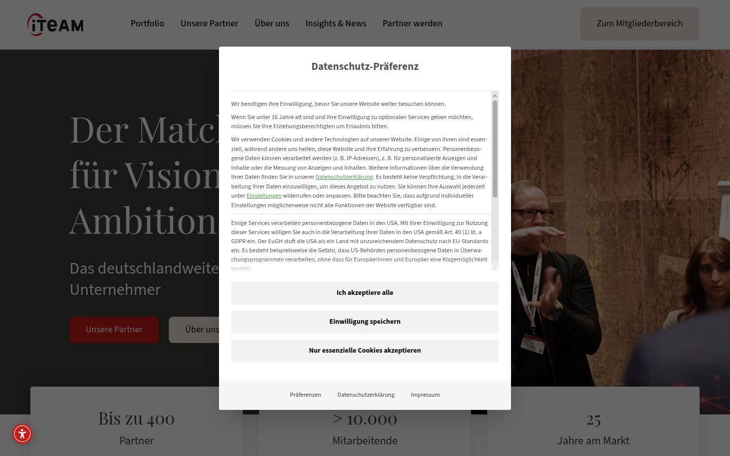 Capture d'écran de la bannière de consentement affichée avant toute interaction