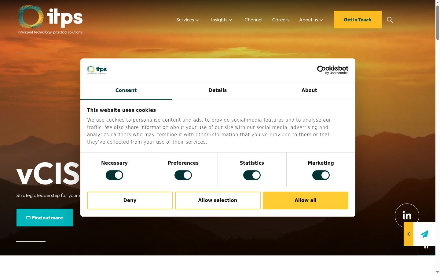 Screenshot del banner di consenso mostrato prima di qualsiasi interazione