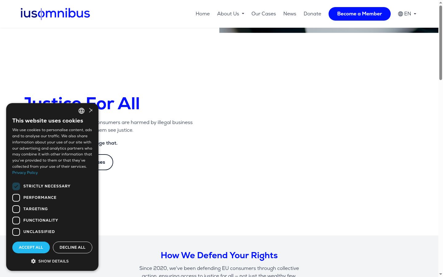 Screenshot del banner di consenso mostrato prima di qualsiasi interazione