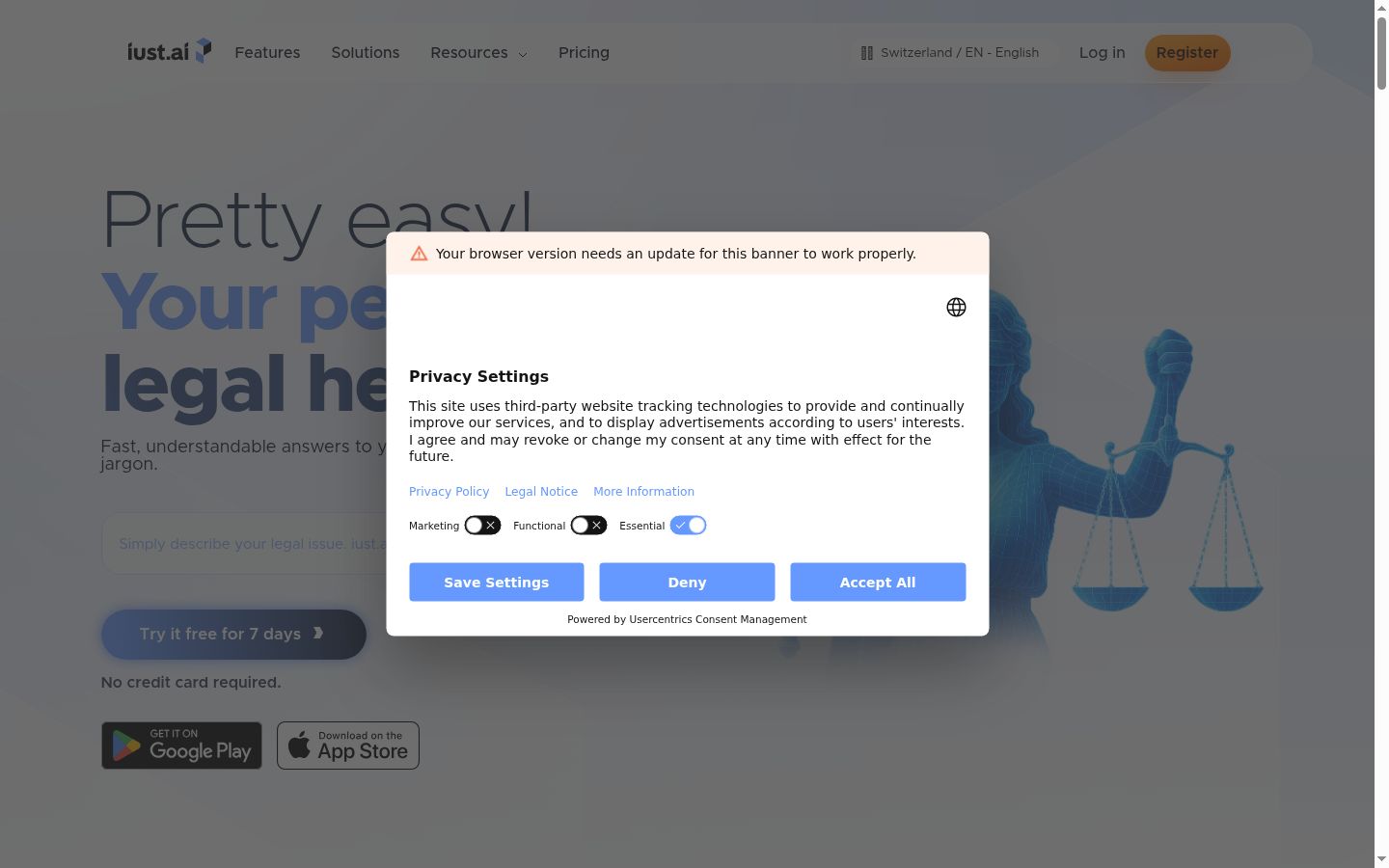 Screenshot del banner di consenso mostrato prima di qualsiasi interazione