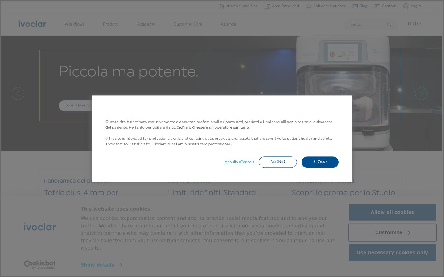 Screenshot del banner di consenso mostrato prima di qualsiasi interazione