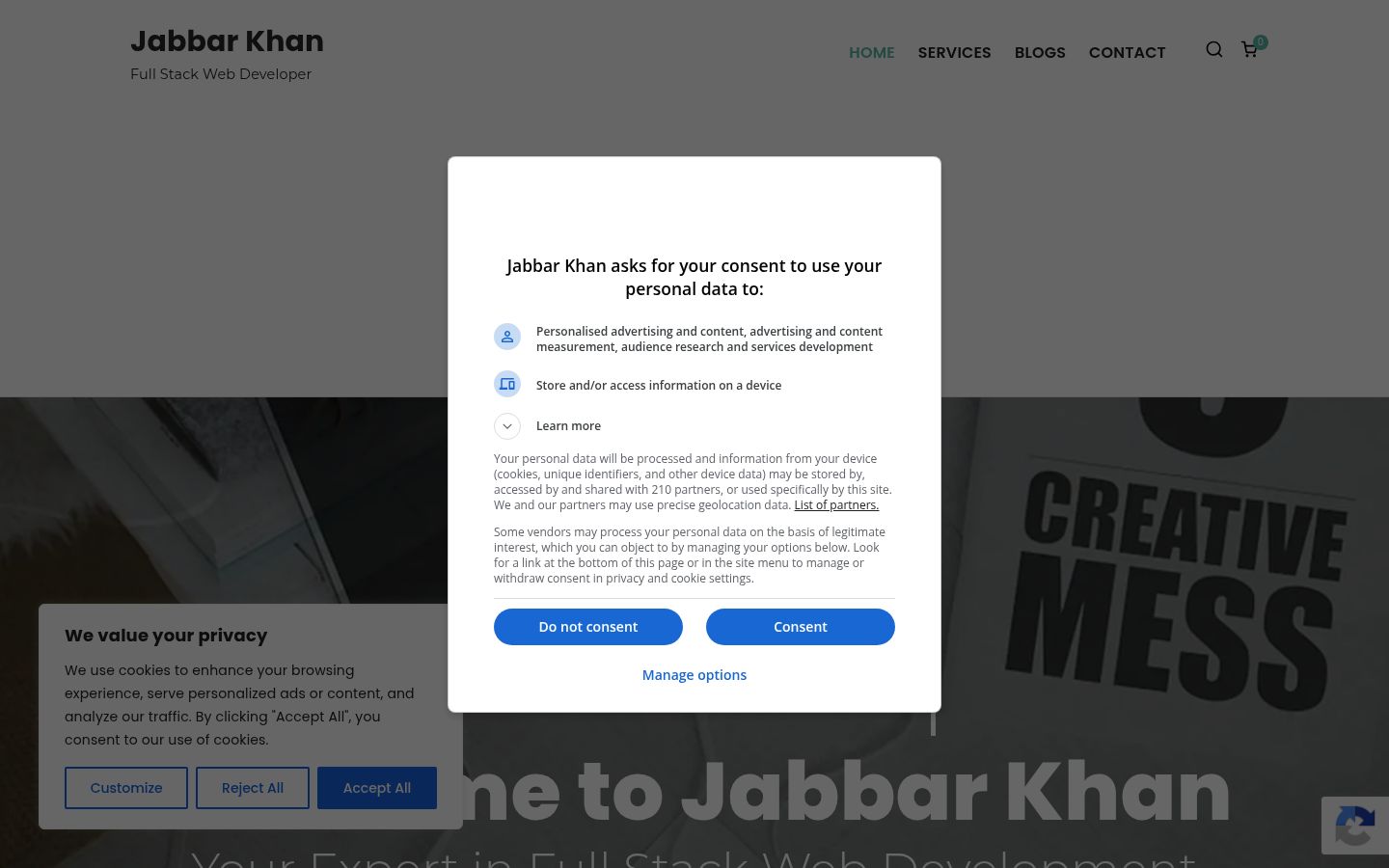 Screenshot del banner di consenso mostrato prima di qualsiasi interazione