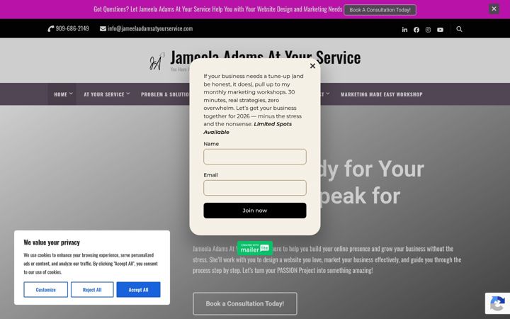 Screenshot of jameelaadamsatyourservice.com