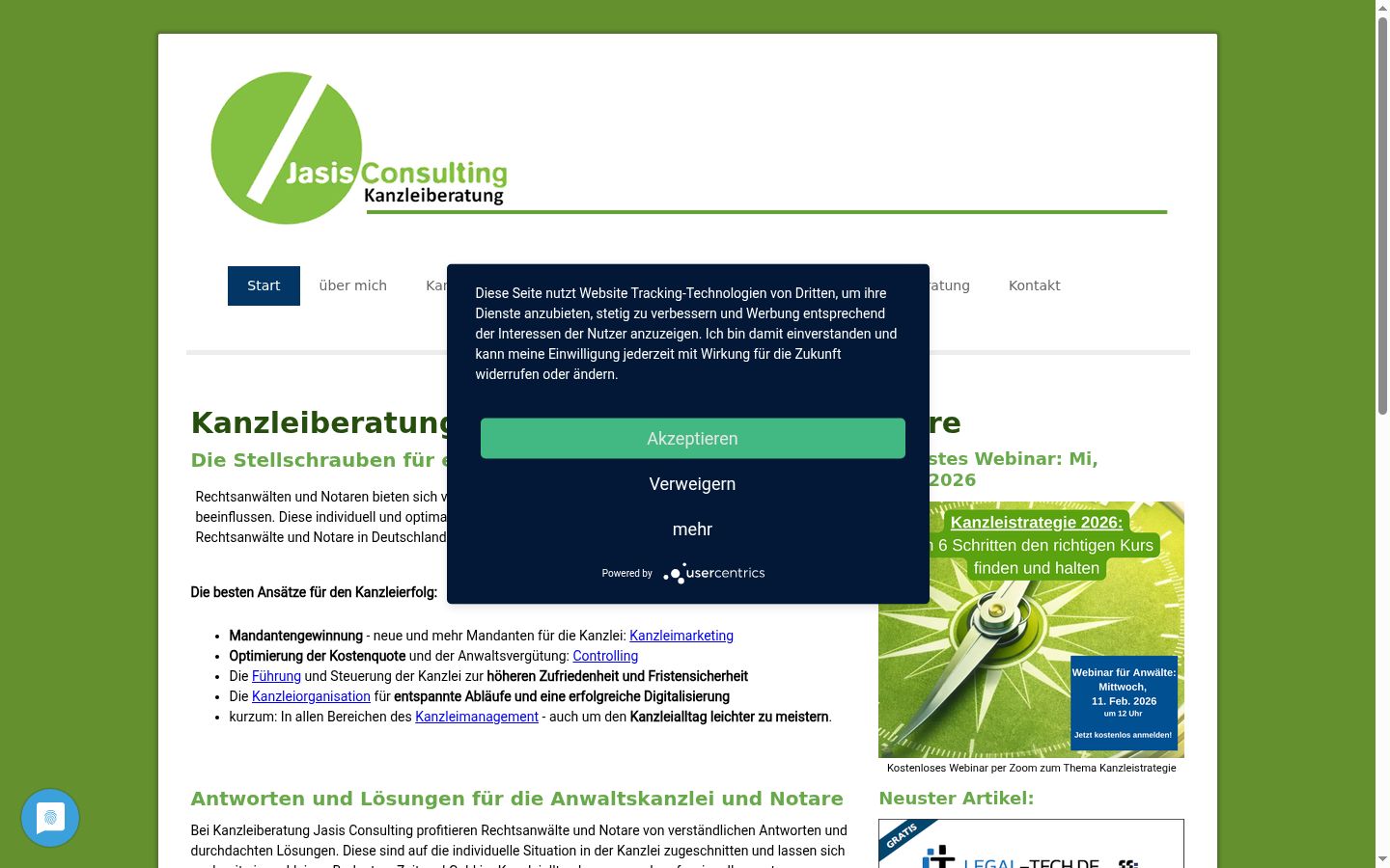 Screenshot des Einwilligungsbanners vor jeglicher Interaktion