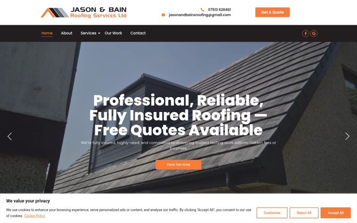 Screenshot of jasonandbainroofing.co.uk