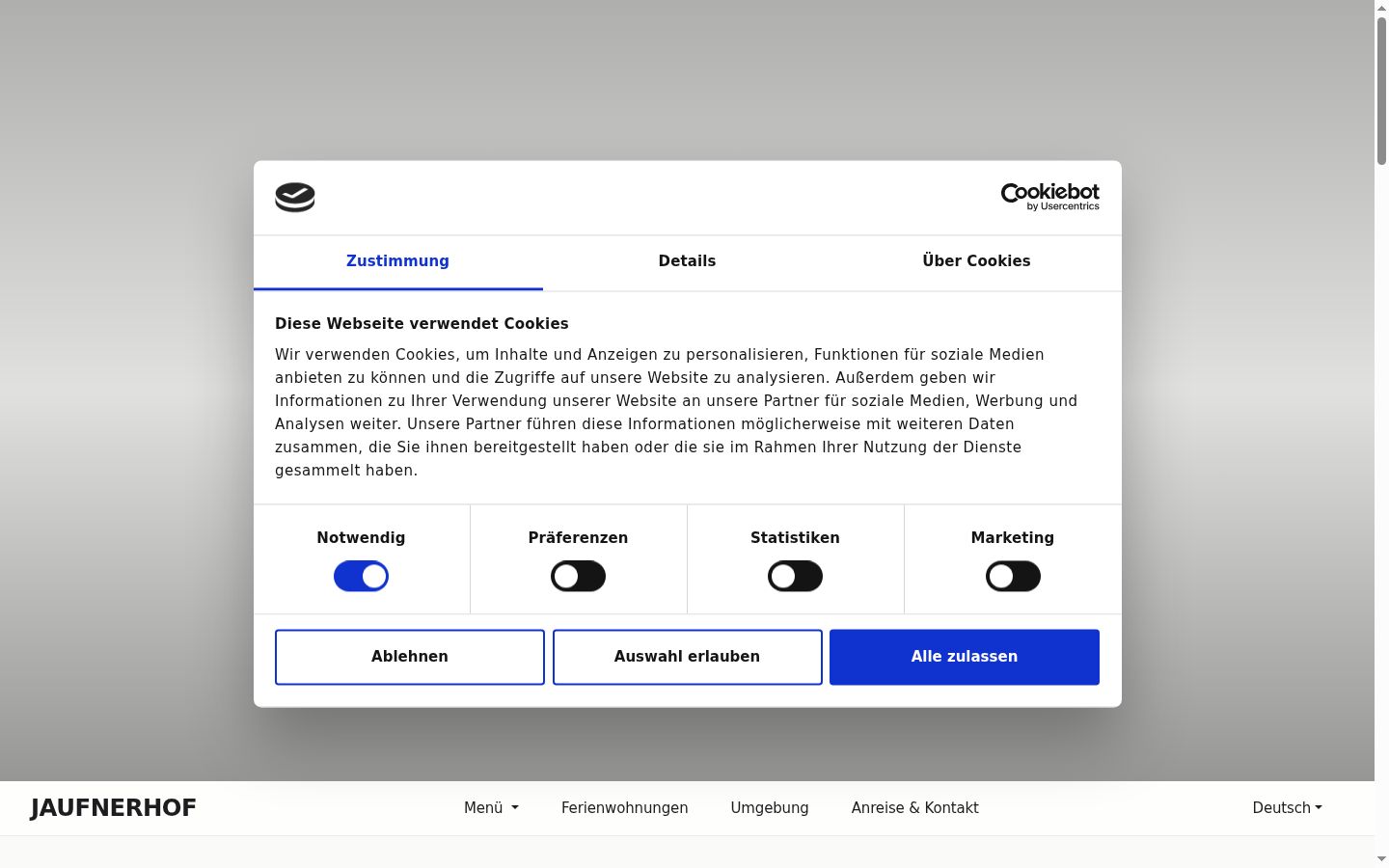 Screenshot des Einwilligungsbanners vor jeglicher Interaktion