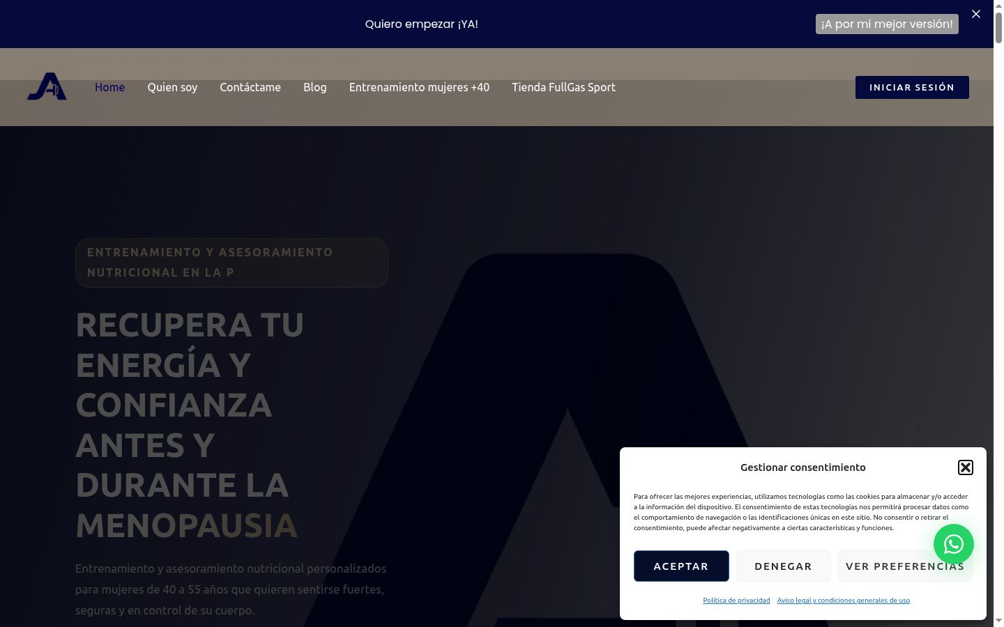 Captura de pantalla del banner de consentimiento mostrado antes de cualquier interacción