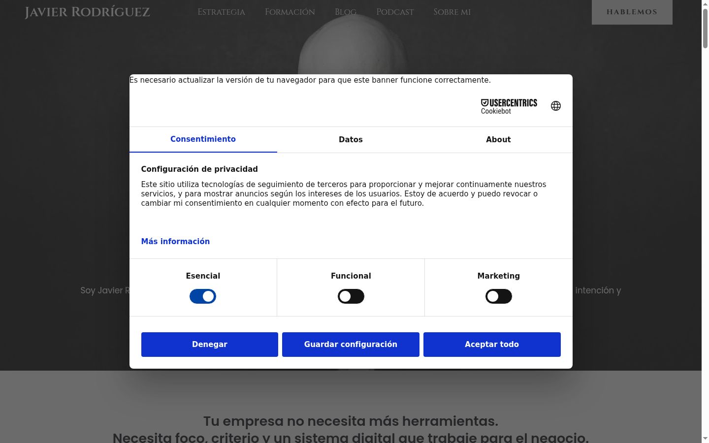 Captura de pantalla del banner de consentimiento mostrado antes de cualquier interacción