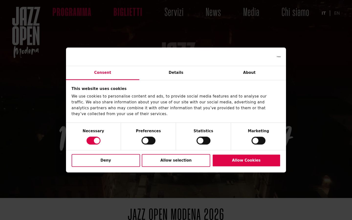 Screenshot del banner di consenso mostrato prima di qualsiasi interazione