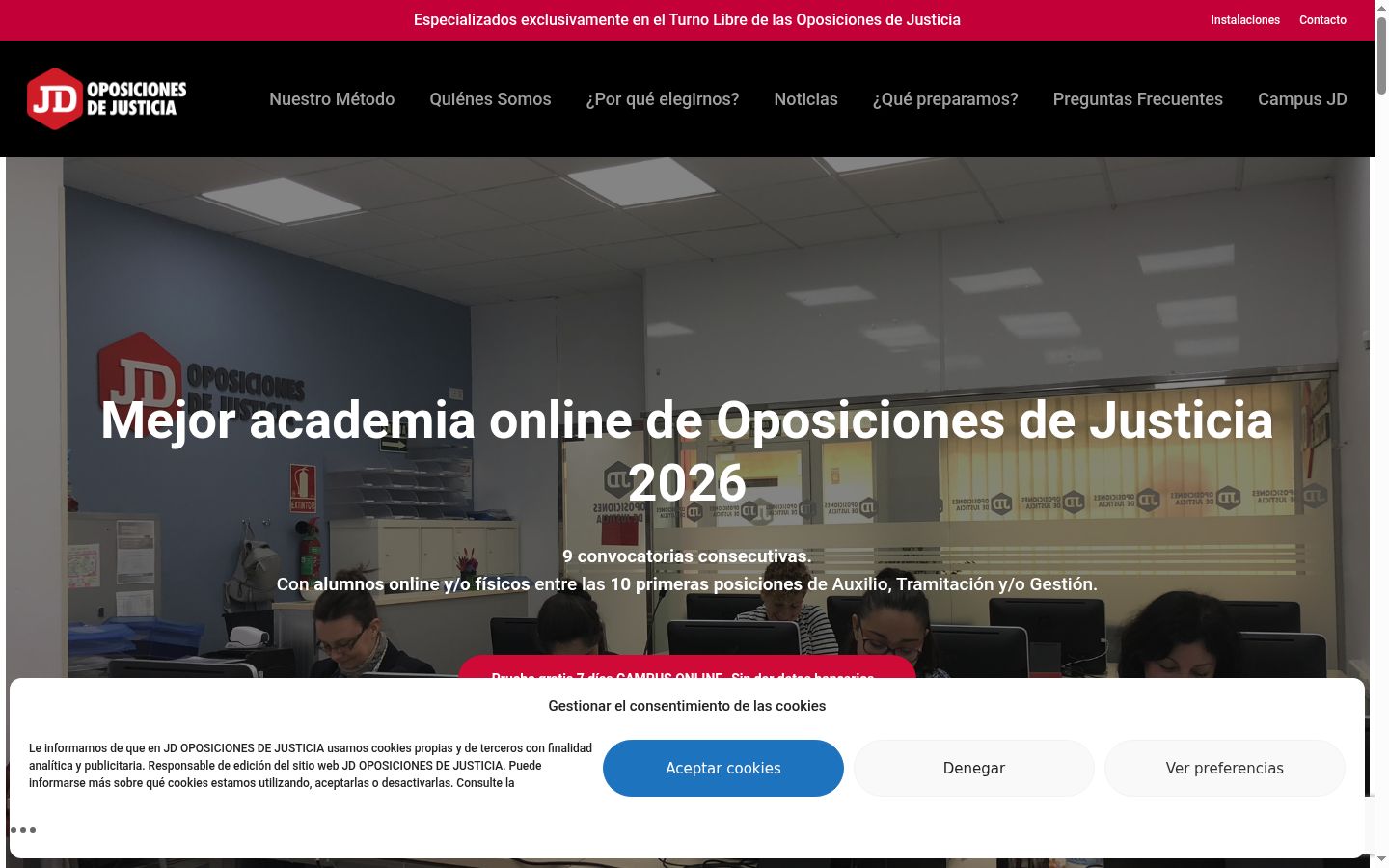Captura de pantalla del banner de consentimiento mostrado antes de cualquier interacción