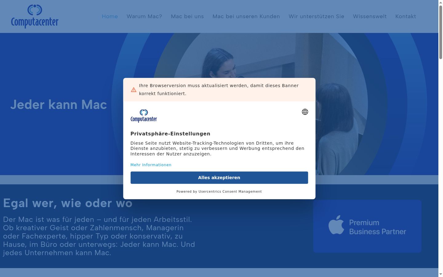 Screenshot des Einwilligungsbanners vor jeglicher Interaktion