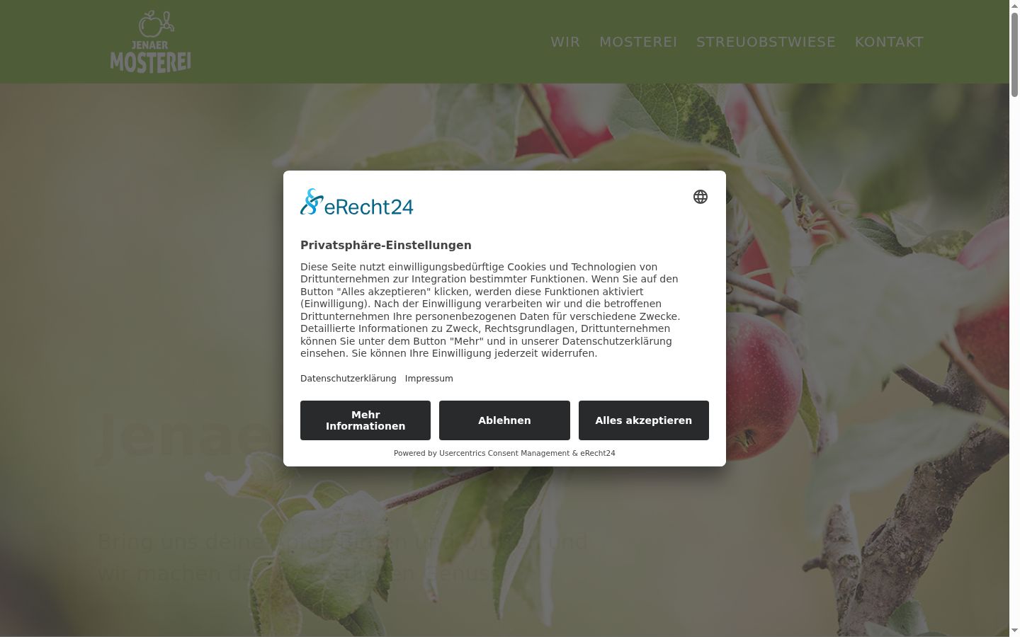Captura de ecrã do banner de consentimento apresentado antes de qualquer interação