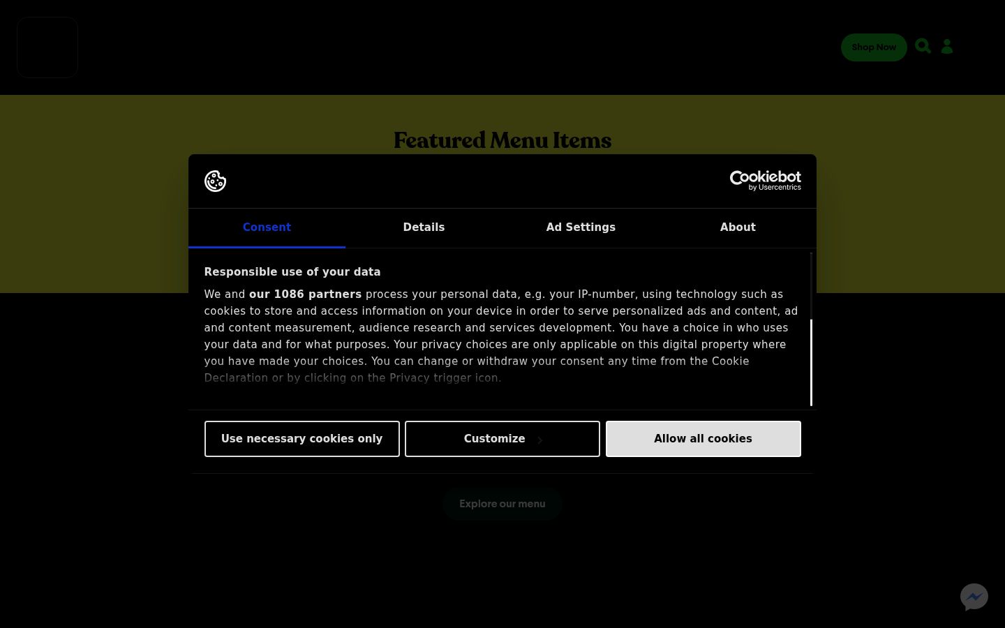 Screenshot del banner di consenso mostrato prima di qualsiasi interazione