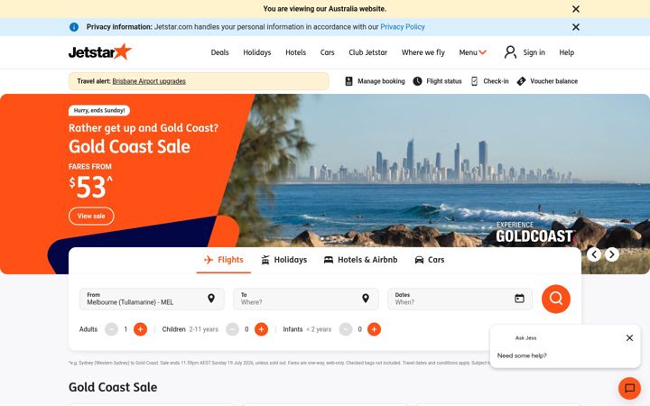 Screenshot stránky jetstar.com