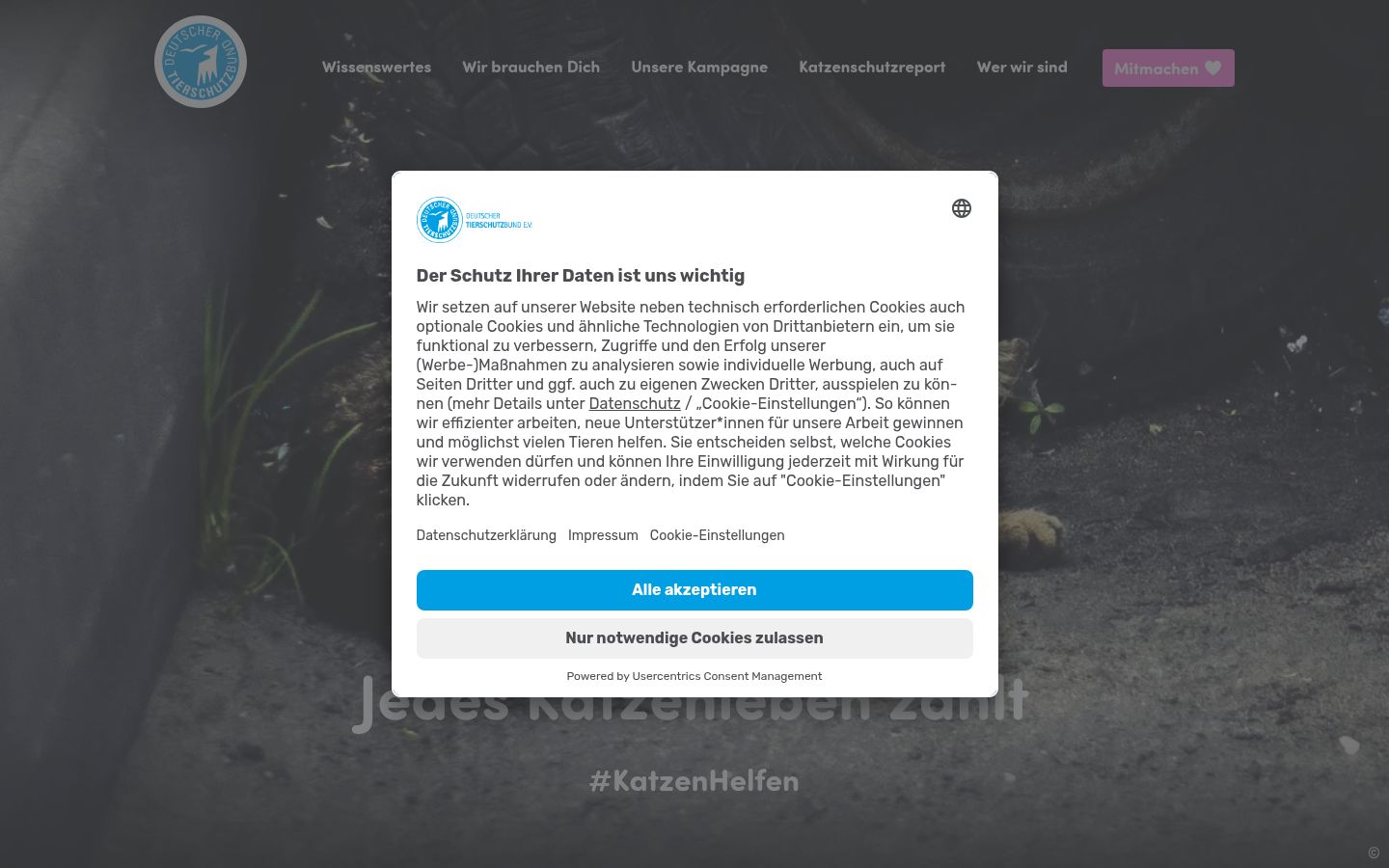 Screenshot des Einwilligungsbanners vor jeglicher Interaktion