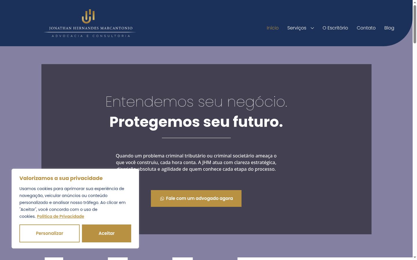 Captura de ecrã do banner de consentimento apresentado antes de qualquer interação