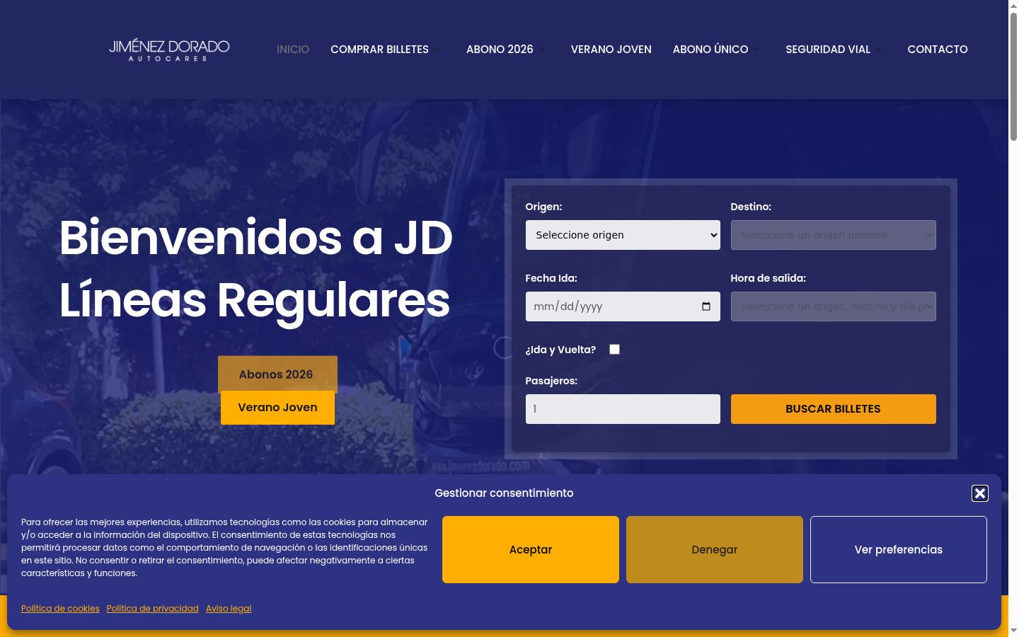Captura de pantalla del banner de consentimiento mostrado antes de cualquier interacción