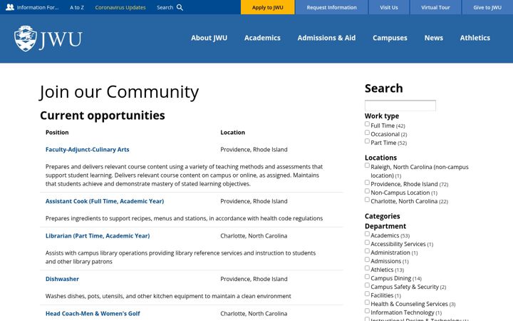 Screenshot of jobs.jwu.edu