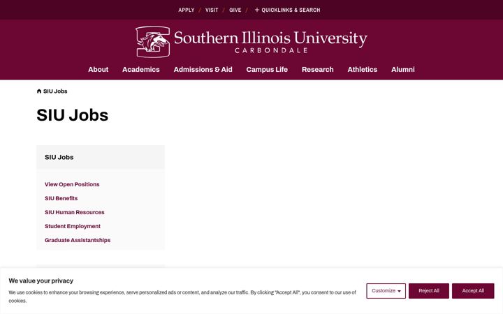 Screenshot of jobs.siu.edu