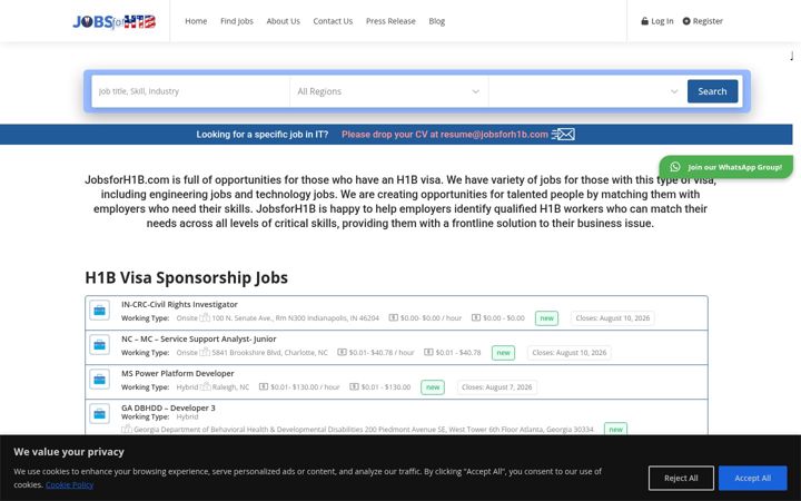 Screenshot of jobsforh1b.com