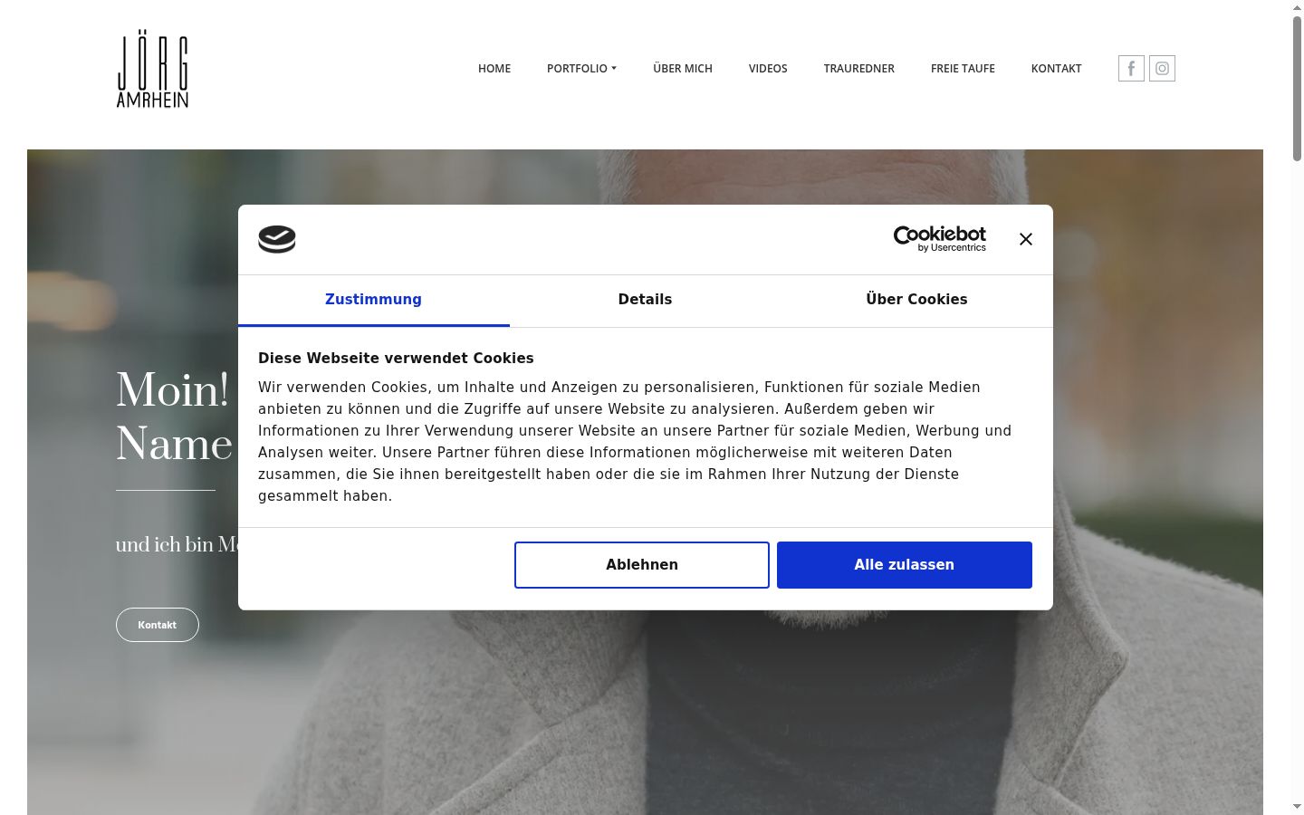 Captura de ecrã do banner de consentimento apresentado antes de qualquer interação