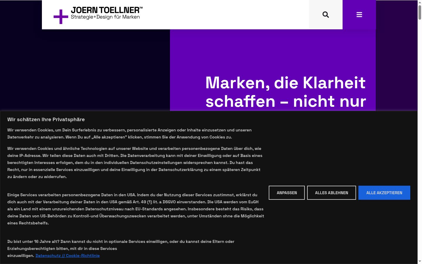 Screenshot des Einwilligungsbanners vor jeglicher Interaktion