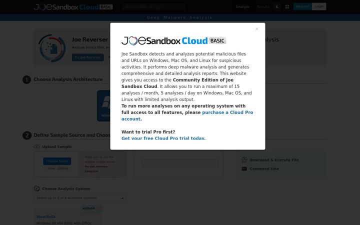 Screenshot of joesandbox.com